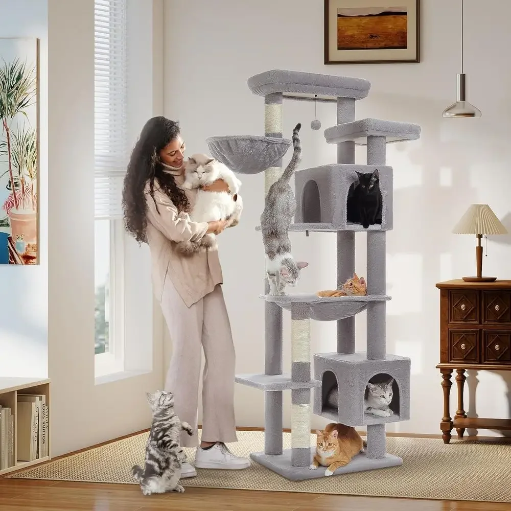 69 Large Indoor Cat Tower with Hammock, Scratching Posts, Condo House, and Top Perch for Tall Cats - Grey
69 Large Indoor Cat Tower with Hammock, Scratching Posts, Condo House, and Top Perch for Tall Cats - Grey