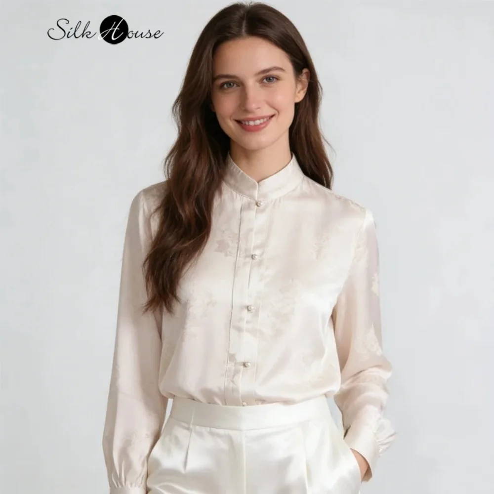 30MM 100% Natural Mulberry Silk Jacquard Heavy Satin, Women's Fashionable Temperament Standing Collar Long Sleeved Shirt
30MM 100% Natural Mulberry Silk Jacquard Heavy Satin, Women's Fashionable Temperament Standing Collar Long Sleeved Shirt
