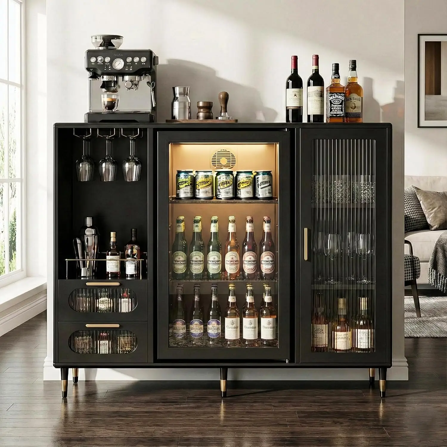 Large Coffee Bar Cabinet with Fridge Space, Modern Luxury Coffee Bar Cabinet with Gold Accents, Wine Glass Rack & Glass Doors, 4
Large Coffee Bar Cabinet with Fridge Space, Modern Luxury Coffee Bar Cabinet with Gold Accents, Wine Glass Rack & Glass Doors, 4