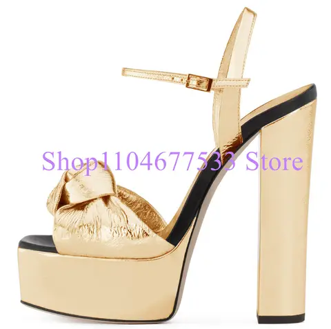 Gold Color Chunky Heel Knot Platform Sandals Fashion Lady Thick Heel Peep Toe Gladiator Sandals Shoes Woman Sexy High Heels