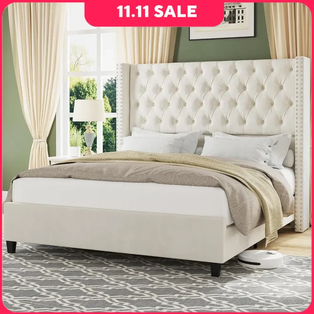 Queen Bed Frame with Tall Headboard Wingback Platform Bed Tufted Deep Button Velvet, No Box Spring Needed, Bed Frame
Queen Bed Frame with Tall Headboard Wingback Platform Bed Tufted Deep Button Velvet, No Box Spring Needed, Bed Frame
