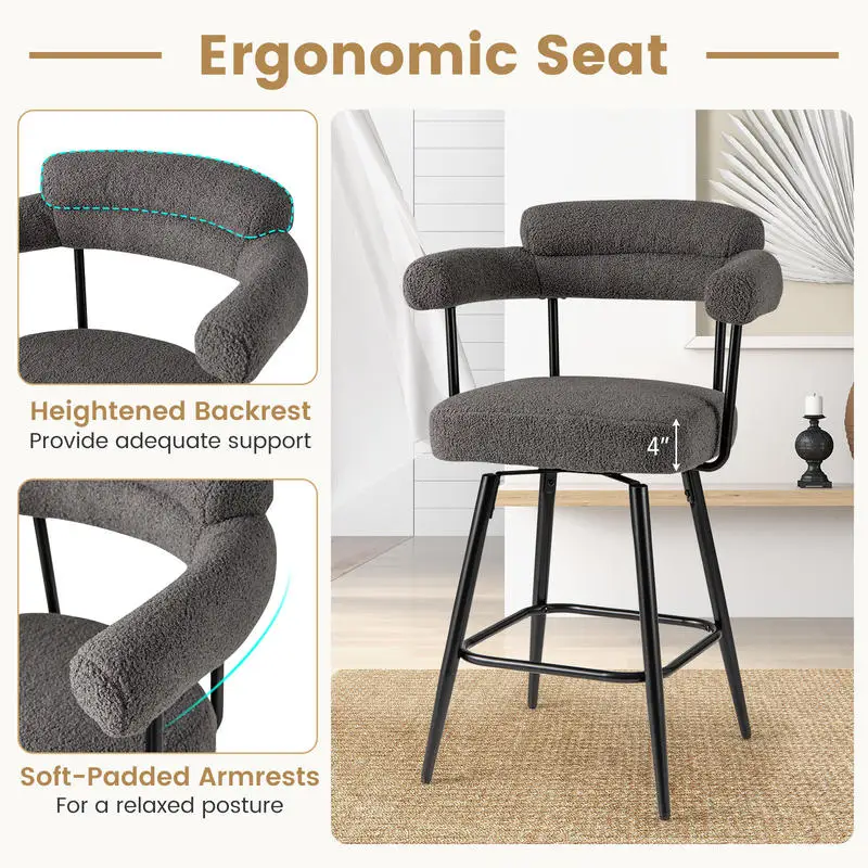 Swivel Bar Stool Set of 2 Counter Height Chairs with Curved Back and Arms-Grey
Swivel Bar Stool Set of 2 Counter Height Chairs with Curved Back and Arms-Grey