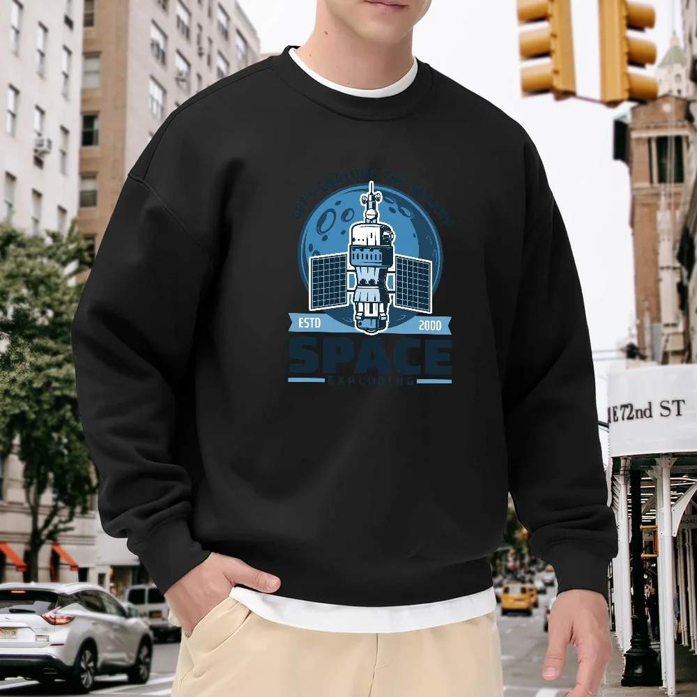 Men's Black Crew Neck Loose Sweatshirt with Space Satellite Letter Print, Street Fashion Casual Top, Versatile for Everyday Wear, Comfortable and Soft
Men's Black Crew Neck Loose Sweatshirt with Space Satellite Letter Print, Street Fashion Casual Top, Versatile for Everyday Wear, Comfortable and Soft
