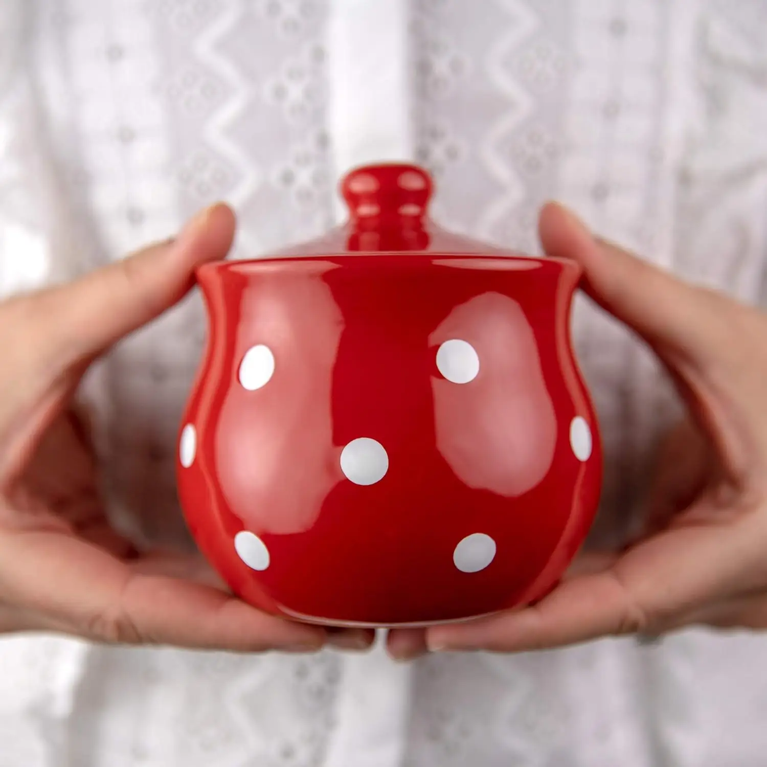 Handcrafted Ceramic Sugar Bowl with Lid, 10oz Condiment Pot for Coffee Bar and Kitchen Counter, Red Polka Dot
Handcrafted Ceramic Sugar Bowl with Lid, 10oz Condiment Pot for Coffee Bar and Kitchen Counter, Red Polka Dot