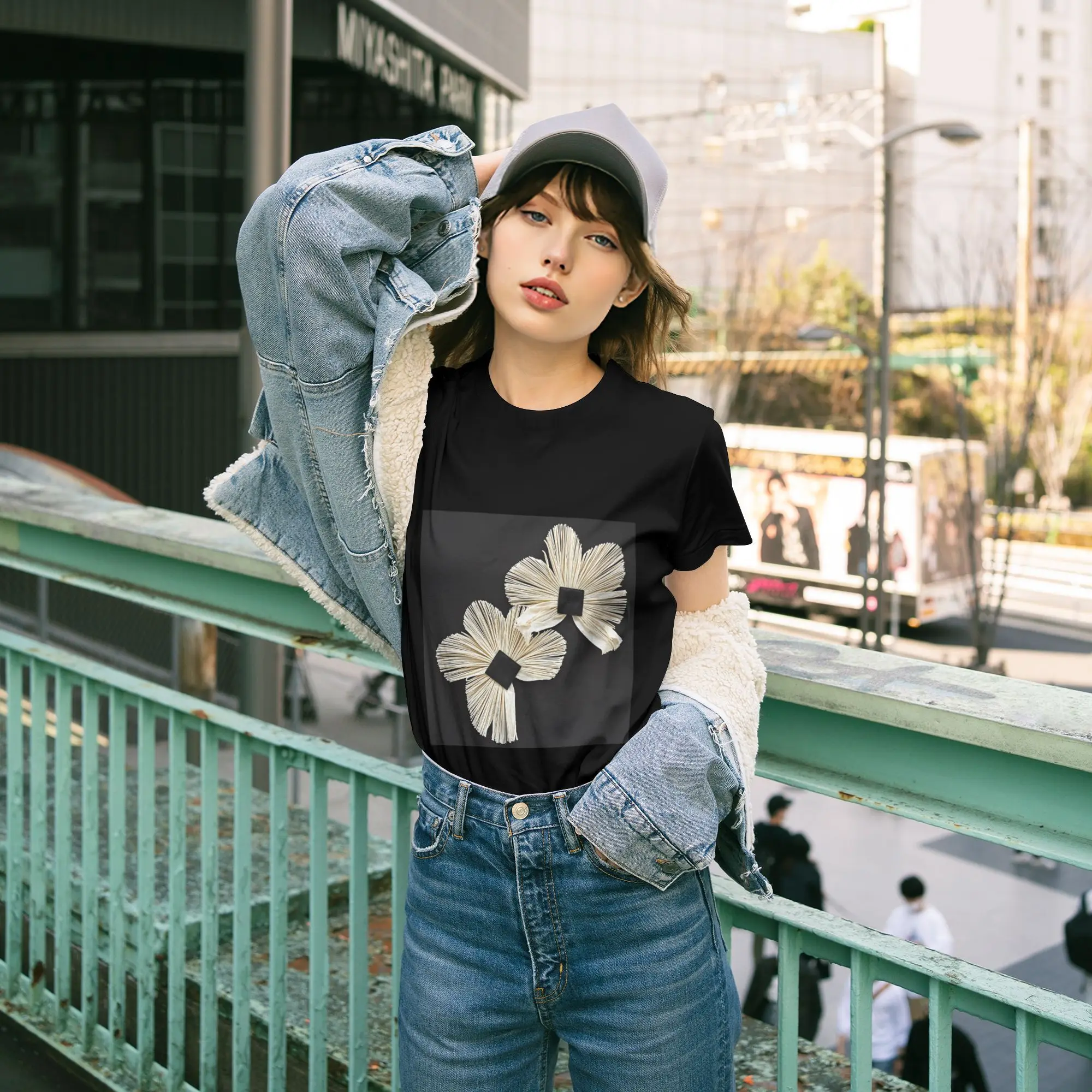 Black T-Shirt with Trio Paper Flowers Print - Women's Short Sleeve Tee
Black T-Shirt with Trio Paper Flowers Print - Women's Short Sleeve Tee