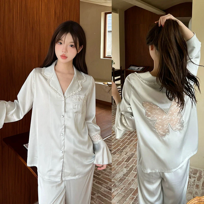 Women 2PCS Pajamas Set Lace Patchwork Hollow Butterfly Sleepwear Homewear Spring New Trouser Suit Loose Casual Satin Loungewear
Women 2PCS Pajamas Set Lace Patchwork Hollow Butterfly Sleepwear Homewear Spring New Trouser Suit Loose Casual Satin Loungewear