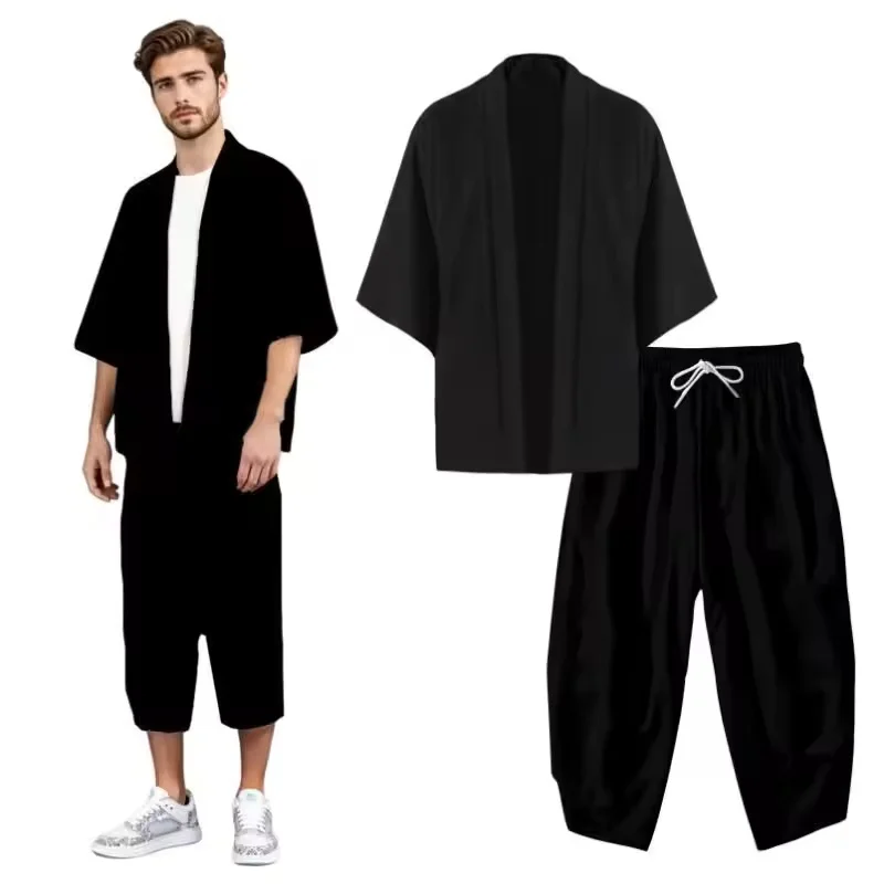 Men Summer Japanese Style Black Kimono Shirt and Drawstring Cropped Pants Set Asian Unisex Casual Loose 3/4 Sleeve Beach Outwear
Men Summer Japanese Style Black Kimono Shirt and Drawstring Cropped Pants Set Asian Unisex Casual Loose 3/4 Sleeve Beach Outwear