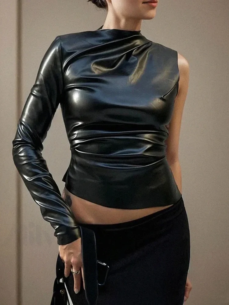 Women Chic One Shoulder Faux Leather Tops Sexy Stretch PU Bodycon Long Sleeve Tops Ladies Round Neck Short Top Clubwear Custom
Women Chic One Shoulder Faux Leather Tops Sexy Stretch PU Bodycon Long Sleeve Tops Ladies Round Neck Short Top Clubwear Custom