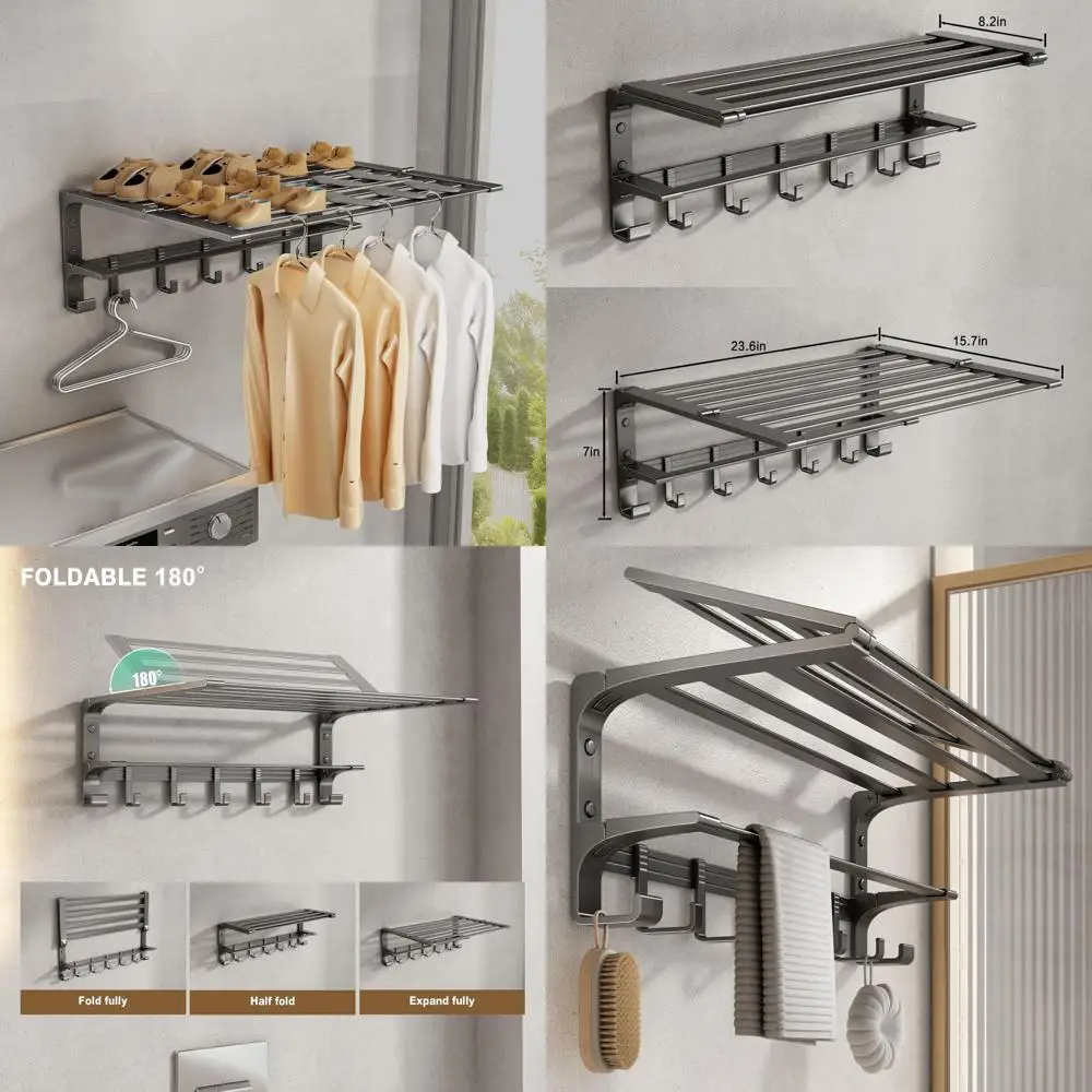 24 Wall-Mounted Foldable Towel Rack with Movable Hooks, Rust-Resistant, Wide Shelf, Matte Grey Bathroom Storage
24 Wall-Mounted Foldable Towel Rack with Movable Hooks, Rust-Resistant, Wide Shelf, Matte Grey Bathroom Storage