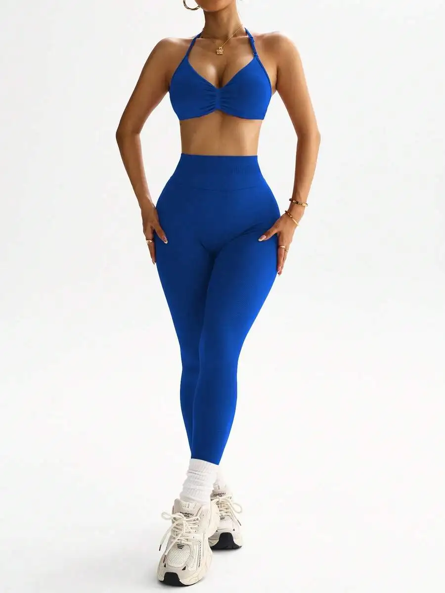 Women Solid Color Pleated Halter Sports Bra And High Waisted Leggings Set
Women Solid Color Pleated Halter Sports Bra And High Waisted Leggings Set