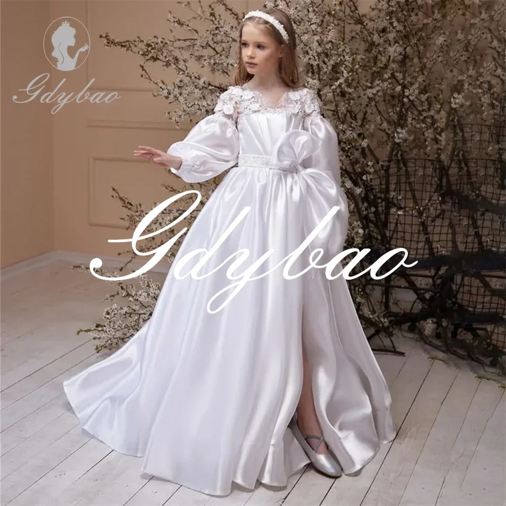 Flowers Long Puff Sleeve Applique A Line Pleat Flower Girl Dress High Slit Sweep Train Elegant First Communion Dress Customized
Flowers Long Puff Sleeve Applique A Line Pleat Flower Girl Dress High Slit Sweep Train Elegant First Communion Dress Customized