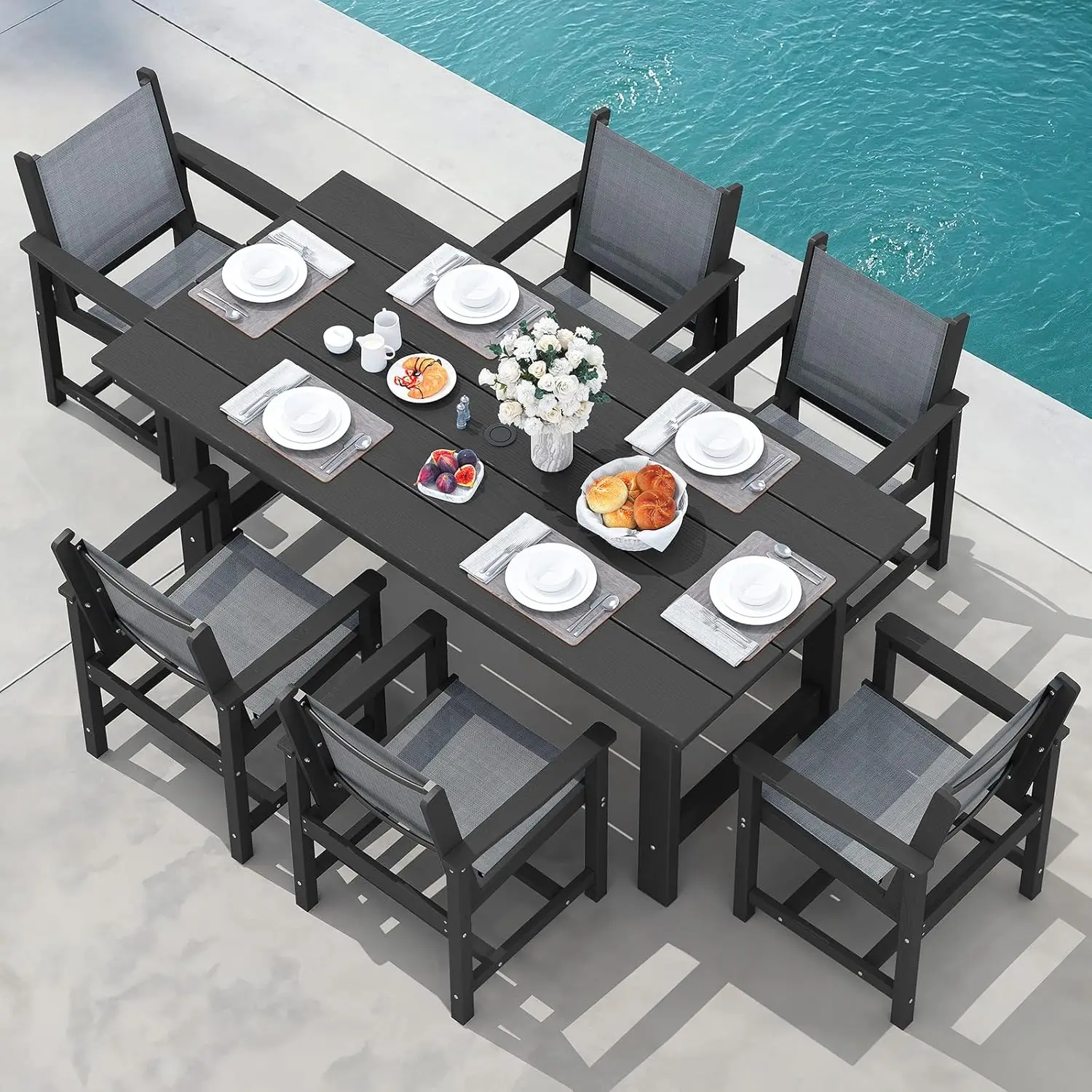 7 Piece Outdoor Dining Table Sets for 6 with 1 Umbrella Hole Cut-Out Rectangular Table and 6 Textilene Chairs, Black
7 Piece Outdoor Dining Table Sets for 6 with 1 Umbrella Hole Cut-Out Rectangular Table and 6 Textilene Chairs, Black