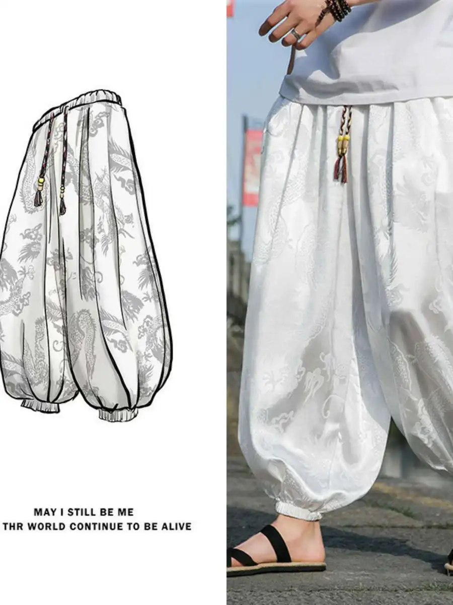 Thin Ice Silk Drapey Men's Printed Loose Harem Pants Lantern Casual Wide Leg Trousers Summer Long Pants mid Waist Rope Door
Thin Ice Silk Drapey Men's Printed Loose Harem Pants Lantern Casual Wide Leg Trousers Summer Long Pants mid Waist Rope Door