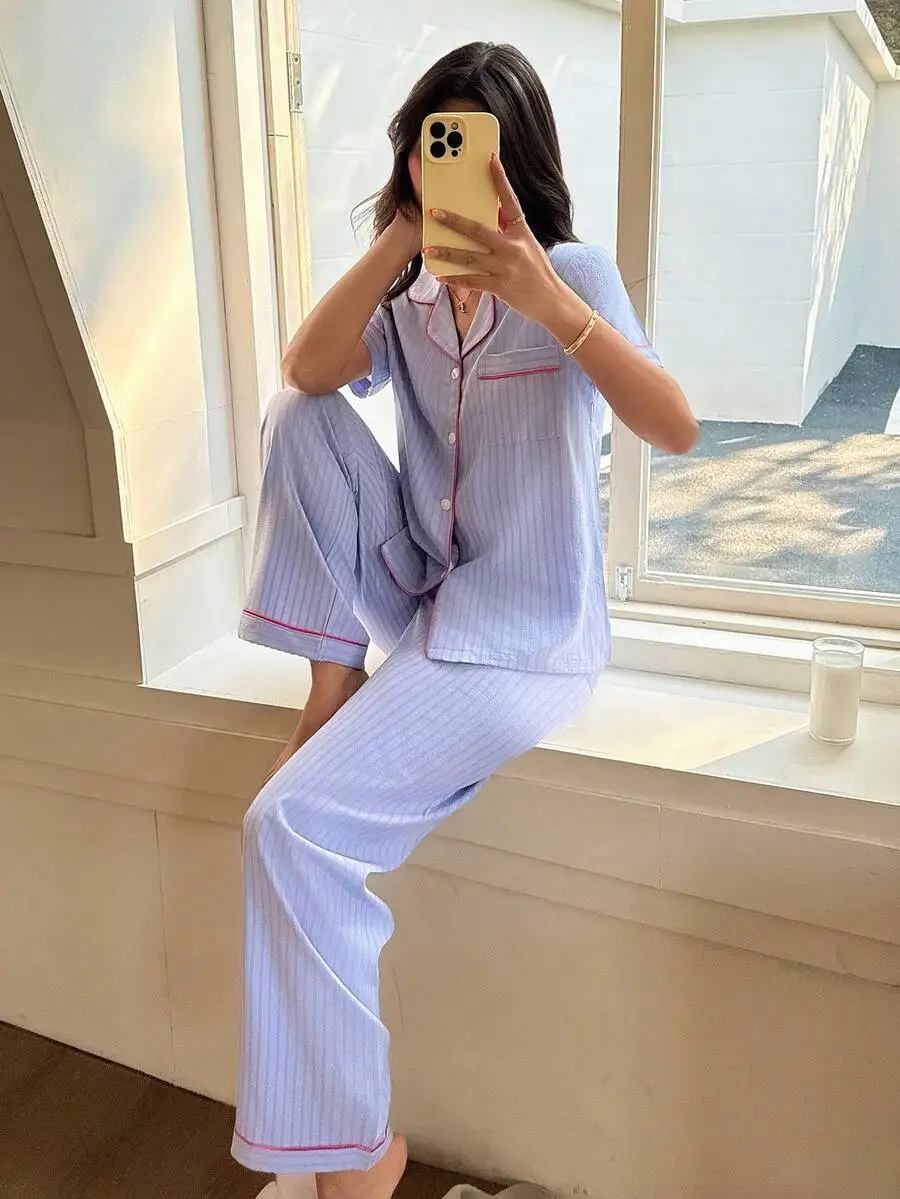 Striped Contrast Trim Lapel Short Sleeve Pajama Set For Women
Striped Contrast Trim Lapel Short Sleeve Pajama Set For Women