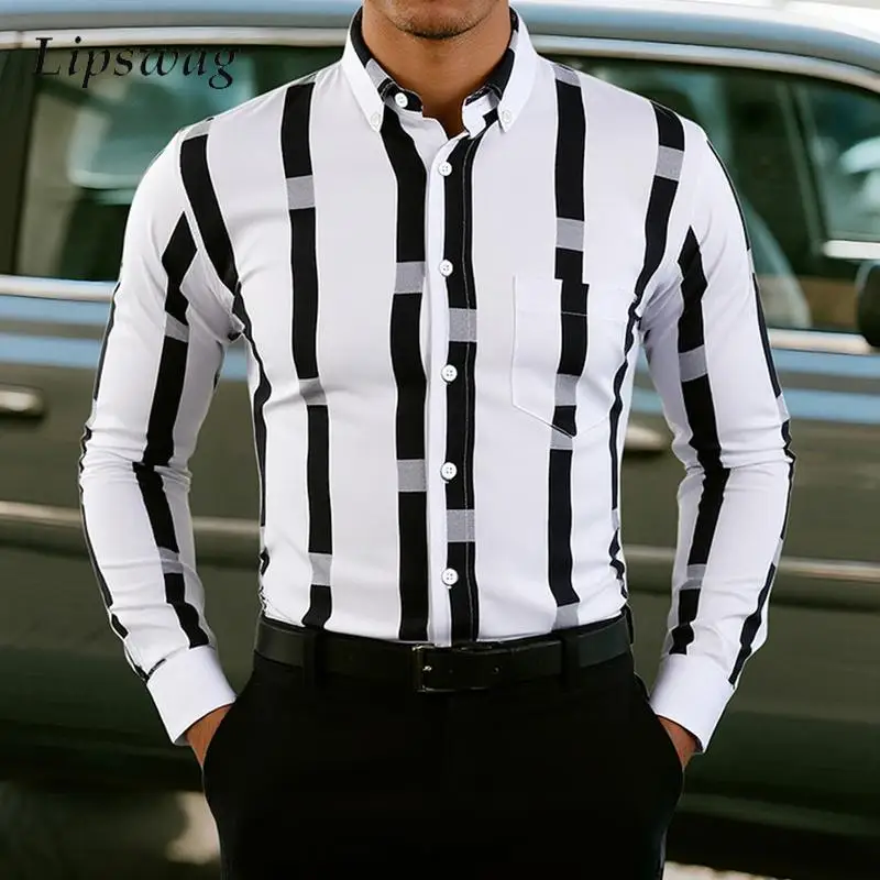 Classic Striped Print Mens Shirt Autumn Casual Button-up Turn-down Collar Long Sleeve Slim Shirts Men Clothes Vintage Cardigans 
Classic Striped Print Mens Shirt Autumn Casual Button-up Turn-down Collar Long Sleeve Slim Shirts Men Clothes Vintage Cardigans
