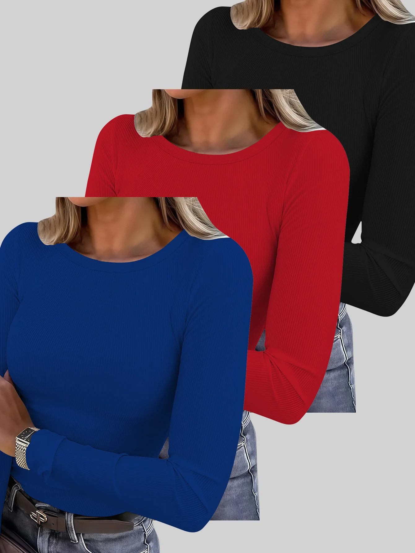 Комплект из 3 женских футболок с круглым вырезом и длинным рукавом, облегающие топы в рубчик, базовые футболки, осень
Комплект из 3 женских футболок с круглым вырезом и длинным рукавом, облегающие топы в рубчик, базовые футболки, осень