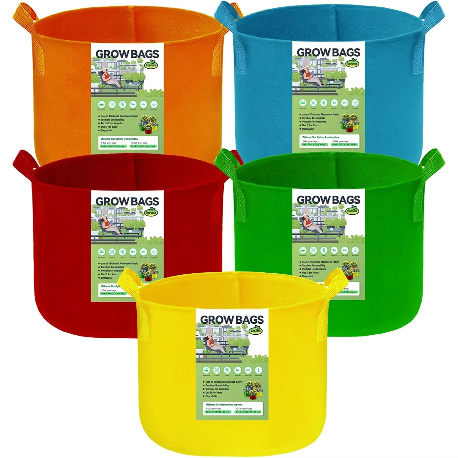 10 Gallon Multicolor Grow Bags for Vegetables Flowers, Non-Woven Fabric Plant Pots with Handles, 5-Pack
10 Gallon Multicolor Grow Bags for Vegetables Flowers, Non-Woven Fabric Plant Pots with Handles, 5-Pack