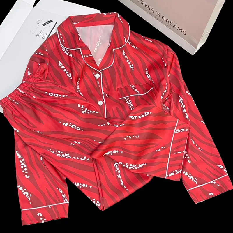 Women's Pajama Set Sleepwear Spring Autumn Satin Silk Long Sleeved Red Zebra Patterned Cardigan Pajama Lapel Woman Home Clothing
Women's Pajama Set Sleepwear Spring Autumn Satin Silk Long Sleeved Red Zebra Patterned Cardigan Pajama Lapel Woman Home Clothing