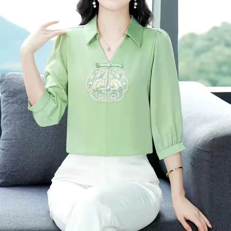 Women Chinese Style Vintage Solid Color Stand Neck Embroidered Button 3/4 Sleeve Loose Fashion Shirt Tops Spring Summer
Women Chinese Style Vintage Solid Color Stand Neck Embroidered Button 3/4 Sleeve Loose Fashion Shirt Tops Spring Summer