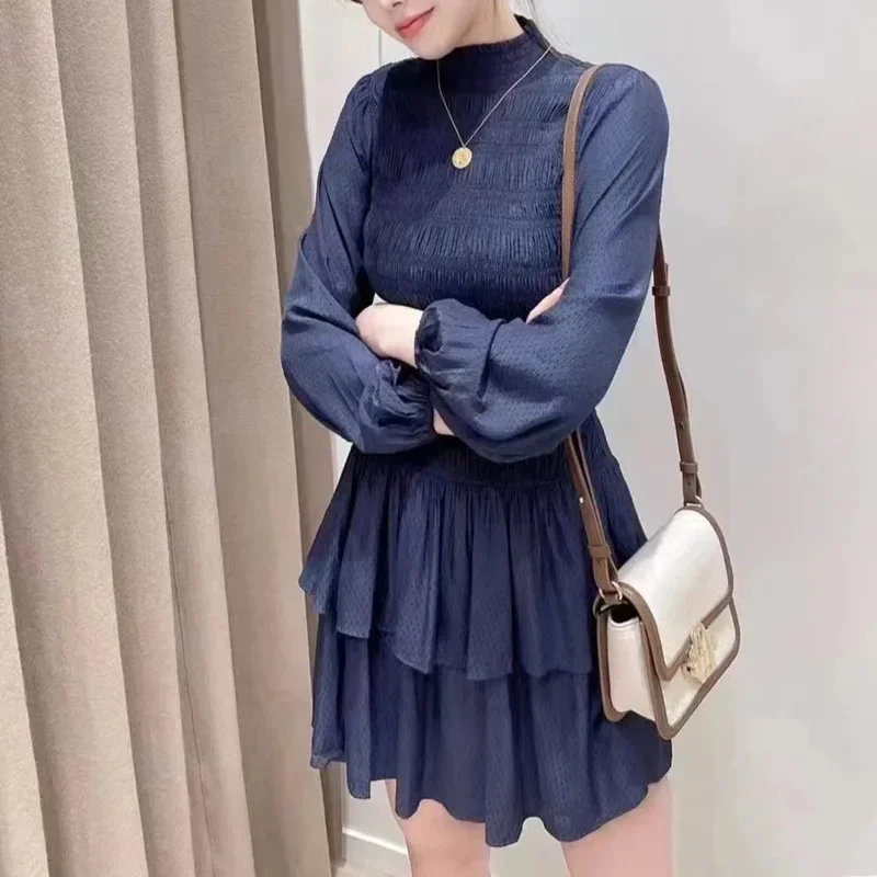 Women's dark blue puff sleeve dress round neck long sleeves pleated layered ruffle design slim mini dress female
Women's dark blue puff sleeve dress round neck long sleeves pleated layered ruffle design slim mini dress female