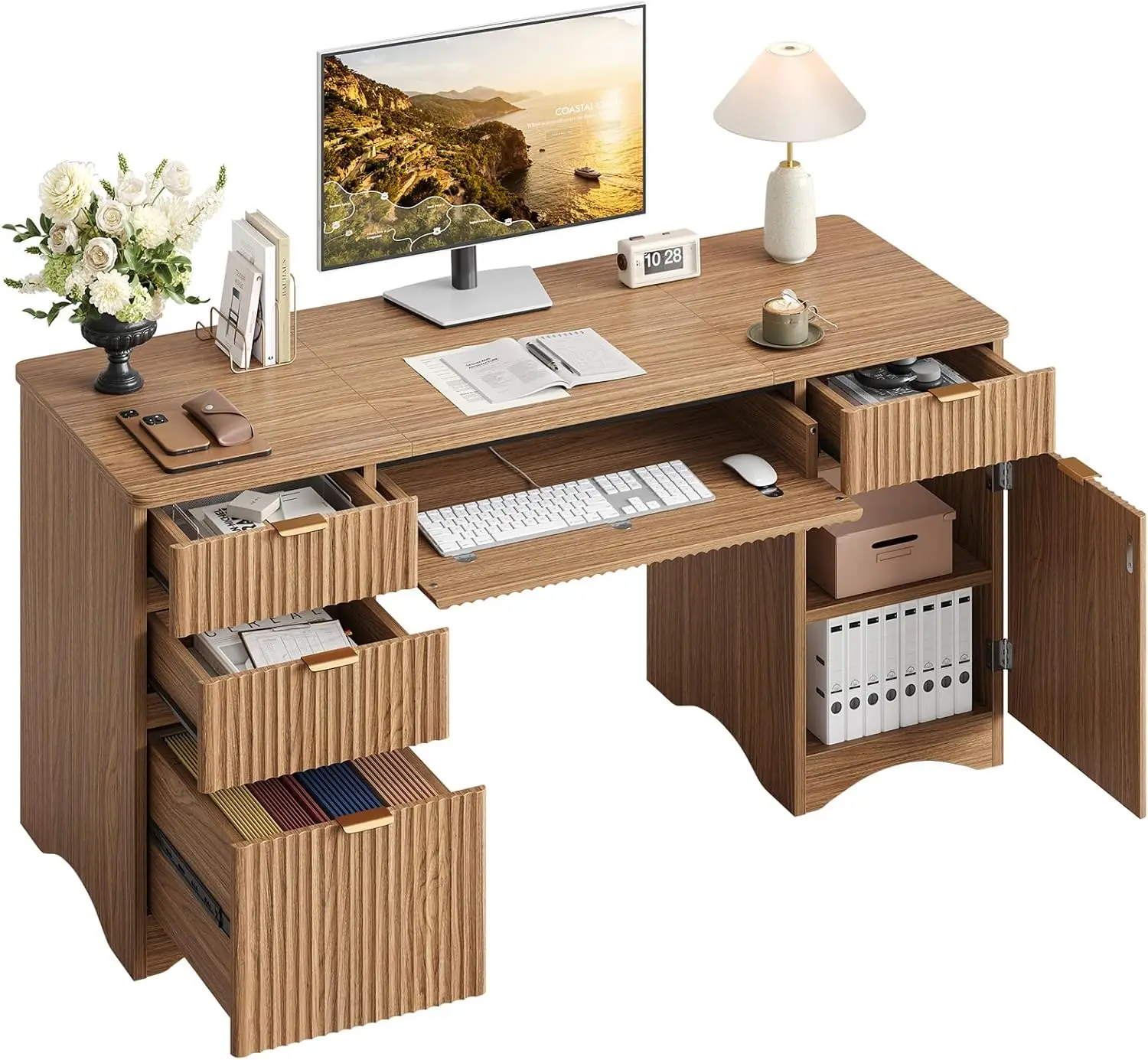 63 Inch Fluted Executive Desk with Drawers, Wood Computer Desk with Ample File Drawer, Keyboard Tray & Storage Cabinet, Modern
63 Inch Fluted Executive Desk with Drawers, Wood Computer Desk with Ample File Drawer, Keyboard Tray & Storage Cabinet, Modern