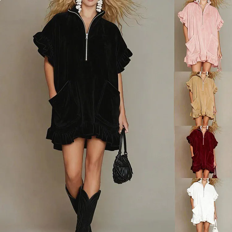 Women Summer Short Sleeve Zipper Ruffle A Line Dresses Double Pocket Casual Swing Shirt Dress
Women Summer Short Sleeve Zipper Ruffle A Line Dresses Double Pocket Casual Swing Shirt Dress