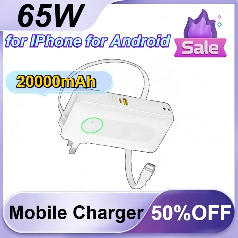 65W 20000mAh for IPhone for Android Phone PowerBank with Retractable Type-C Cable Power Bank with Built in Plug
65W 20000mAh for IPhone for Android Phone PowerBank with Retractable Type-C Cable Power Bank with Built in Plug