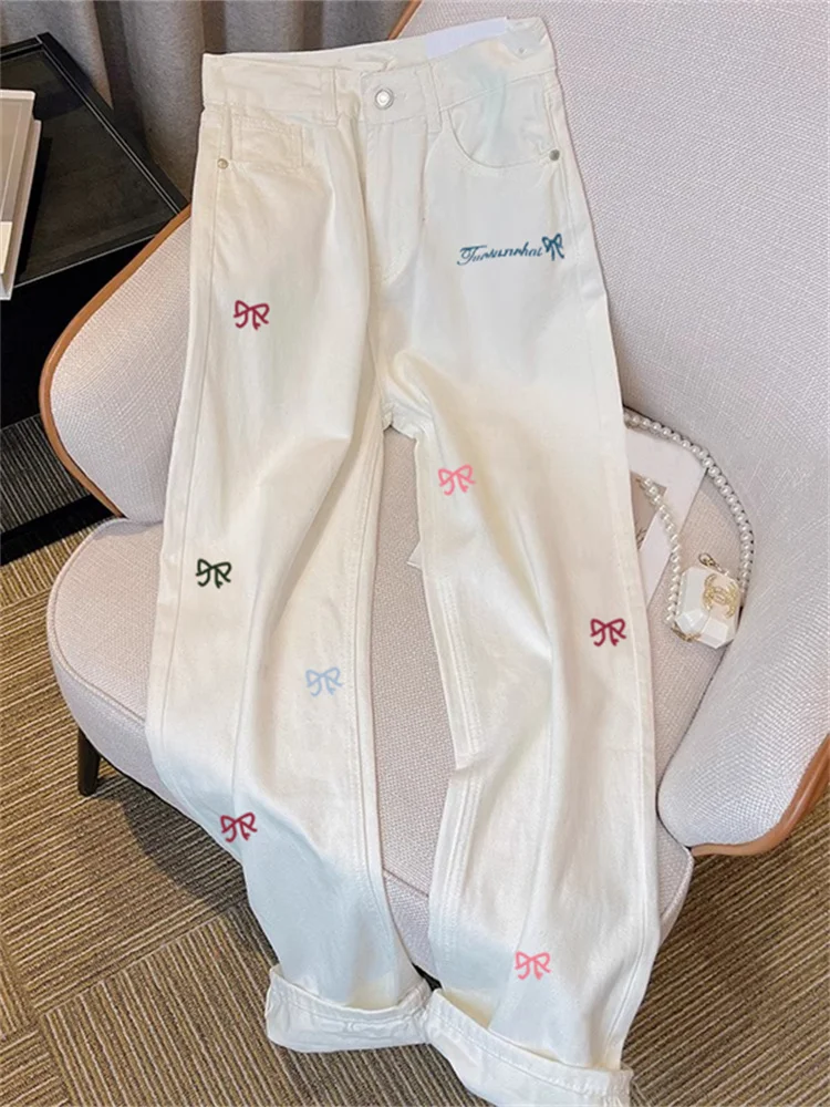 Широкие джинсы с высокой талией и забавным принтом, прямой крой для похудения, мужские и женские летние модные универсальные джинсовые брюки с высокой талией 
Широкие джинсы с высокой талией и забавным принтом, прямой крой для похудения, мужские и женские летние модные универсальные джинсовые брюки с высокой талией