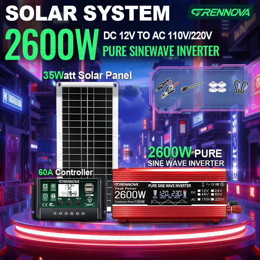 2600W Peak Pure Sine Wave Solar Generator | Inverter 12V To 110V 220V 35W Panel + 60A Regulator for RV Camping & Off-Grid Power
2600W Peak Pure Sine Wave Solar Generator | Inverter 12V To 110V 220V 35W Panel + 60A Regulator for RV Camping & Off-Grid Power