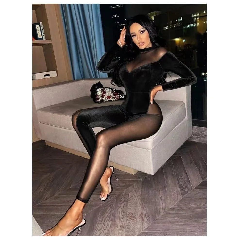 Sexy Mesh See-Through Stitching Jumpsuit Women's Solid Color Black Zipper Fitness Activity Long-Sleeved High-Neck Elastic Club C
Sexy Mesh See-Through Stitching Jumpsuit Women's Solid Color Black Zipper Fitness Activity Long-Sleeved High-Neck Elastic Club C