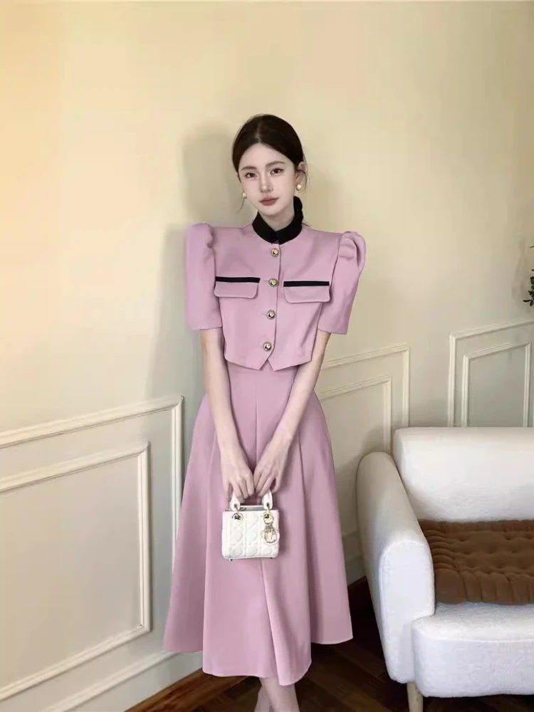 Spring Summer Colored Stand Up Neck Short Style Splice Top Mid-length Skirt Set Two Piece Elegance Comfortable Office Lady Set
Spring Summer Colored Stand Up Neck Short Style Splice Top Mid-length Skirt Set Two Piece Elegance Comfortable Office Lady Set