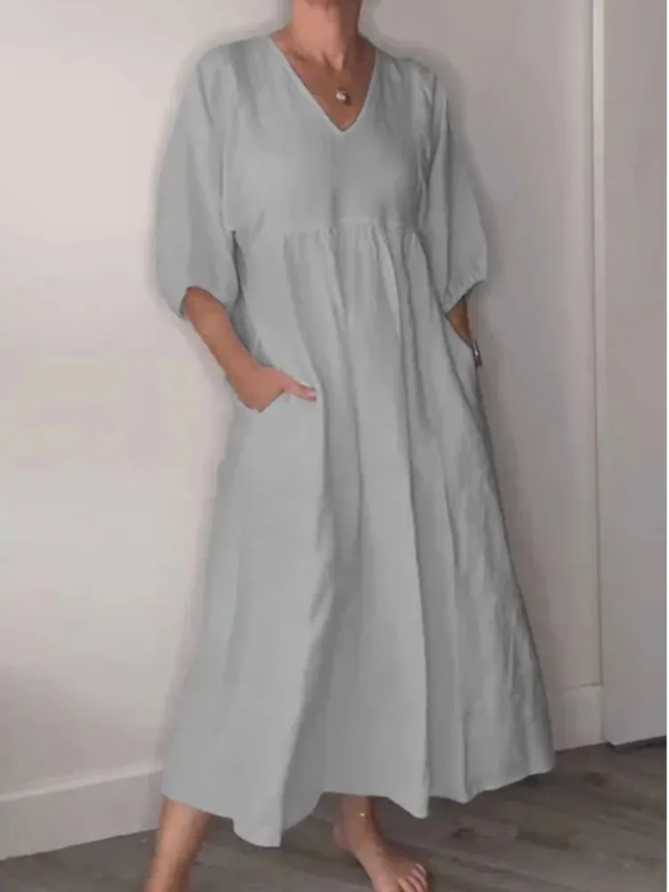 Women Fashion Solid Color Cotton Linen Dresses Deep V Neck Casual Dress 2025 Summer Pleated Loose Pocket Elegant Female Vestidos
Women Fashion Solid Color Cotton Linen Dresses Deep V Neck Casual Dress 2025 Summer Pleated Loose Pocket Elegant Female Vestidos