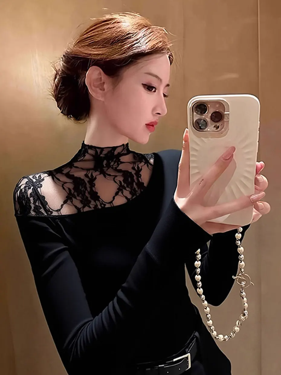 Sexy Lace Splice Slim Fit Shoulder Bared T Shirt Women's Base Shirt Net Gauze Inner Wear Autumn Winter New Style Casual Top
Sexy Lace Splice Slim Fit Shoulder Bared T Shirt Women's Base Shirt Net Gauze Inner Wear Autumn Winter New Style Casual Top