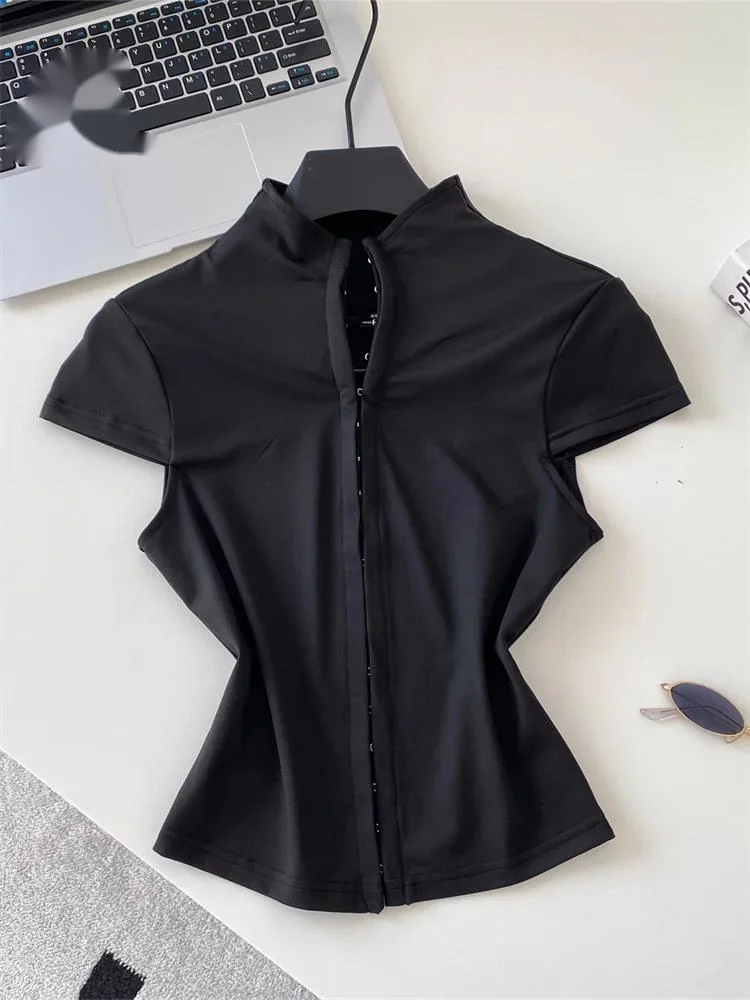 Edgy Sensual Bodycon Shirts Summer Single Breasted Spicy Girl Versatile Black Top Women Office Lady Slim Sexy Blouse
Edgy Sensual Bodycon Shirts Summer Single Breasted Spicy Girl Versatile Black Top Women Office Lady Slim Sexy Blouse