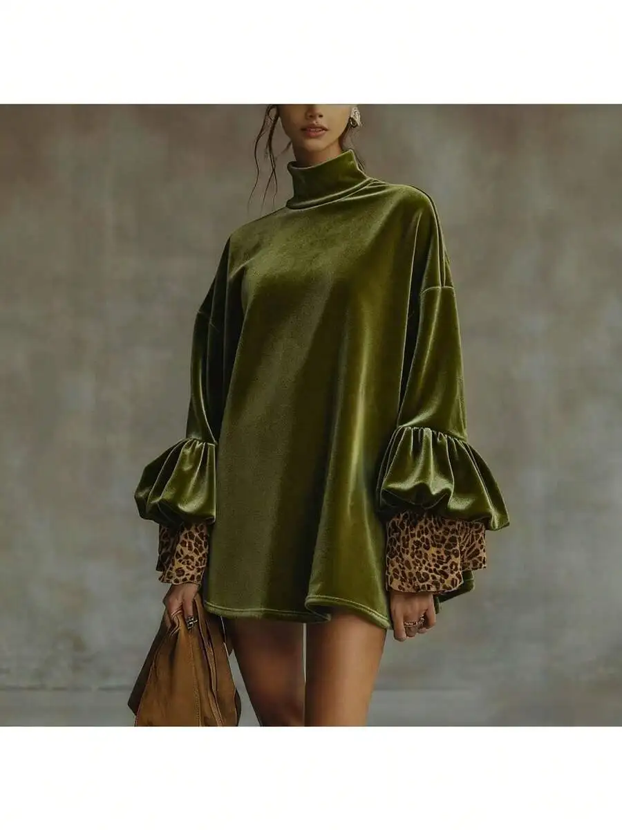 Olive Green Velvet Turtleneck Dress With Leopard Print Cuff Ruffle Sleeve
Olive Green Velvet Turtleneck Dress With Leopard Print Cuff Ruffle Sleeve