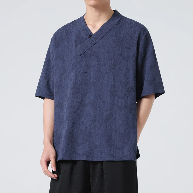 New Summer Chinese Style Men's Casual Cotton and Linen Short-sleeved T-shirt Men's Large-size Buttoned Han Clothing
New Summer Chinese Style Men's Casual Cotton and Linen Short-sleeved T-shirt Men's Large-size Buttoned Han Clothing