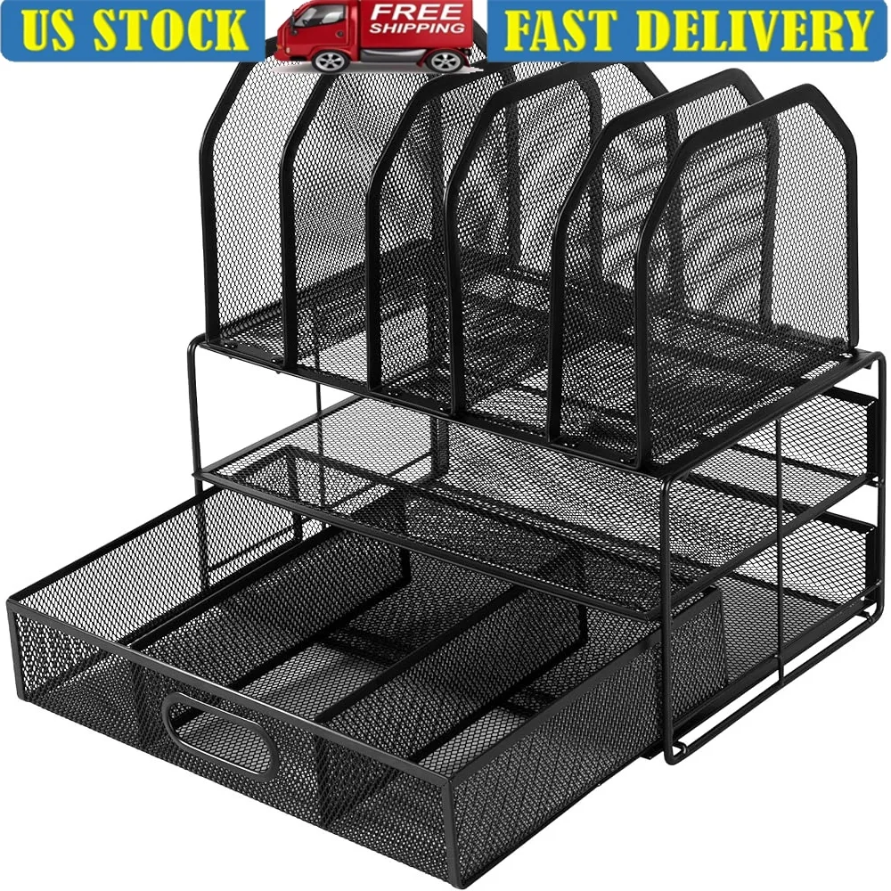 Mesh Desk Organizer with Sliding Drawer Double Tray 5 Upright Sections Durable Black Rubber Office Stationery Solution
Mesh Desk Organizer with Sliding Drawer Double Tray 5 Upright Sections Durable Black Rubber Office Stationery Solution