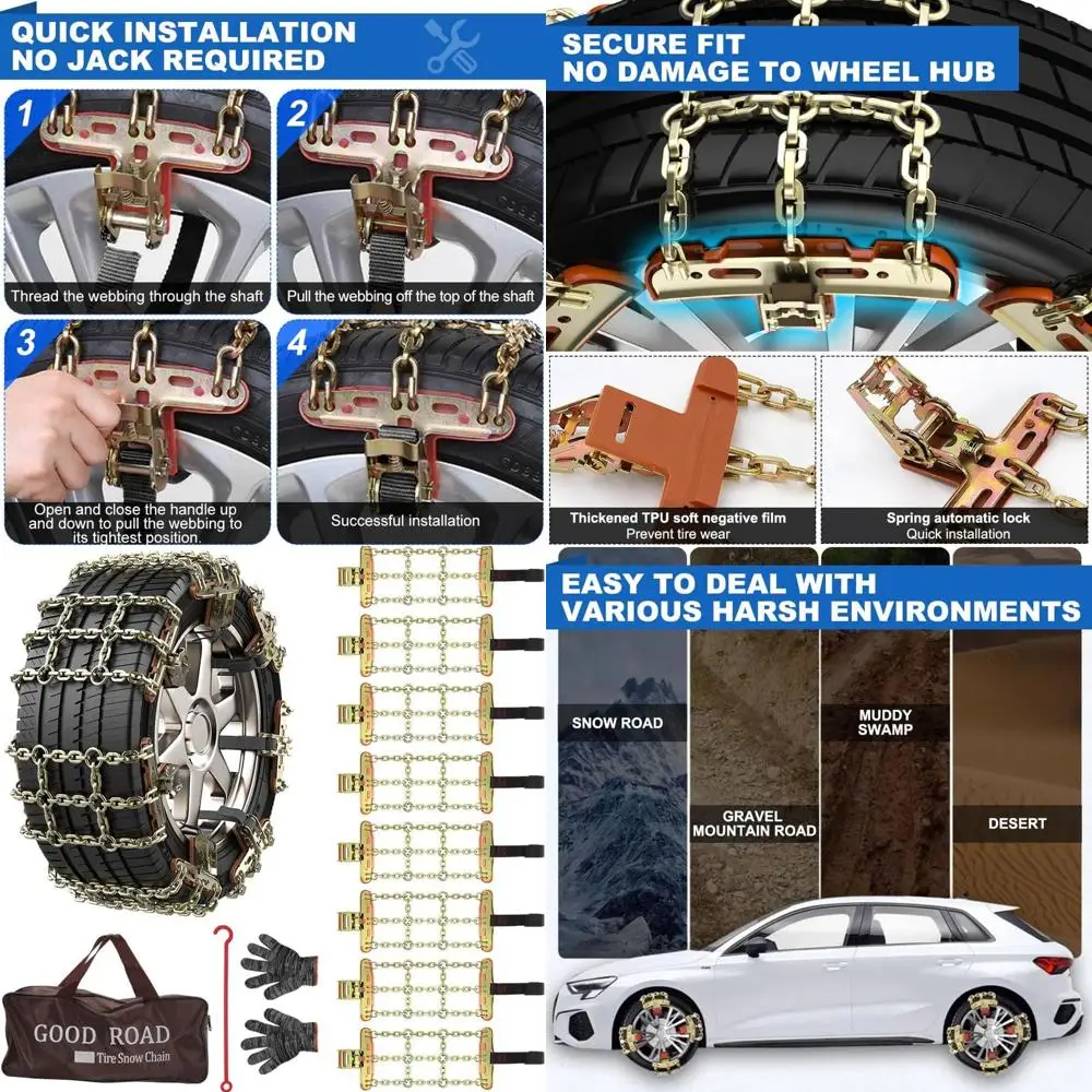 Car Snow Chains,8 Pack Tire Chains for Car, Pick Up Trucks and SUV Emergency Anti Slip Tire Chains Fit for Tire
Car Snow Chains,8 Pack Tire Chains for Car, Pick Up Trucks and SUV Emergency Anti Slip Tire Chains Fit for Tire