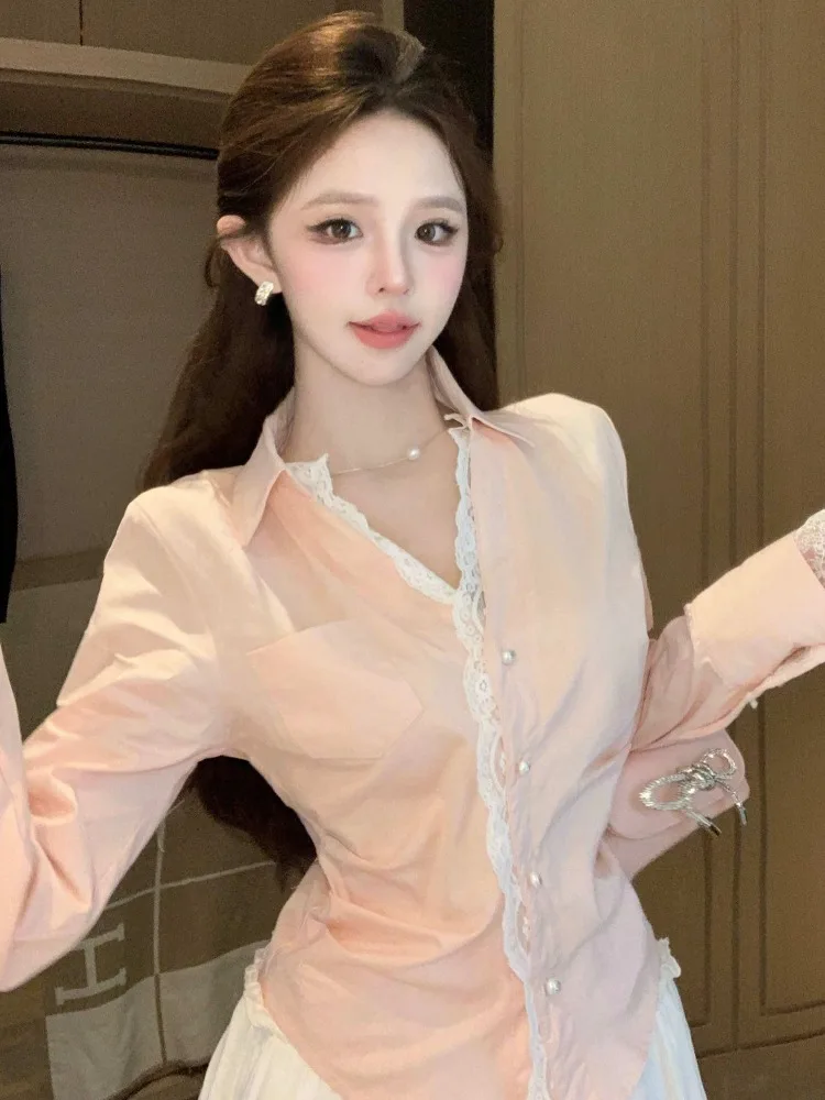 Korean Style Long Sleeve Lace Trim Waist Cinching Slim Fit Shirt Women's Spring Summer New Style Fashionable Top Splicing Design
Korean Style Long Sleeve Lace Trim Waist Cinching Slim Fit Shirt Women's Spring Summer New Style Fashionable Top Splicing Design