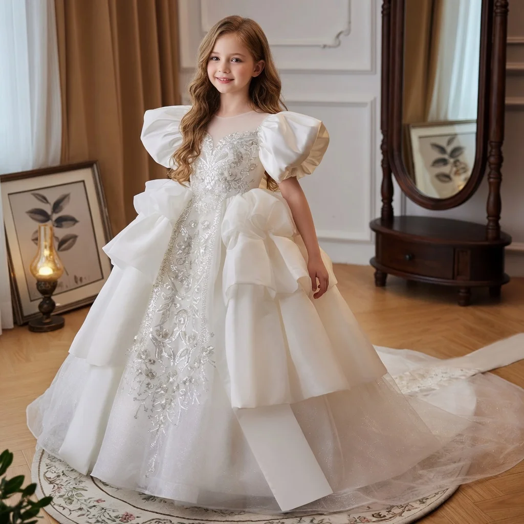 White Satin Tulle Flower Girl Dress with Puff Sleeves & Bow Back Sweetheart neckline Kids Wedding & Pageant Gown with Train
White Satin Tulle Flower Girl Dress with Puff Sleeves & Bow Back Sweetheart neckline Kids Wedding & Pageant Gown with Train