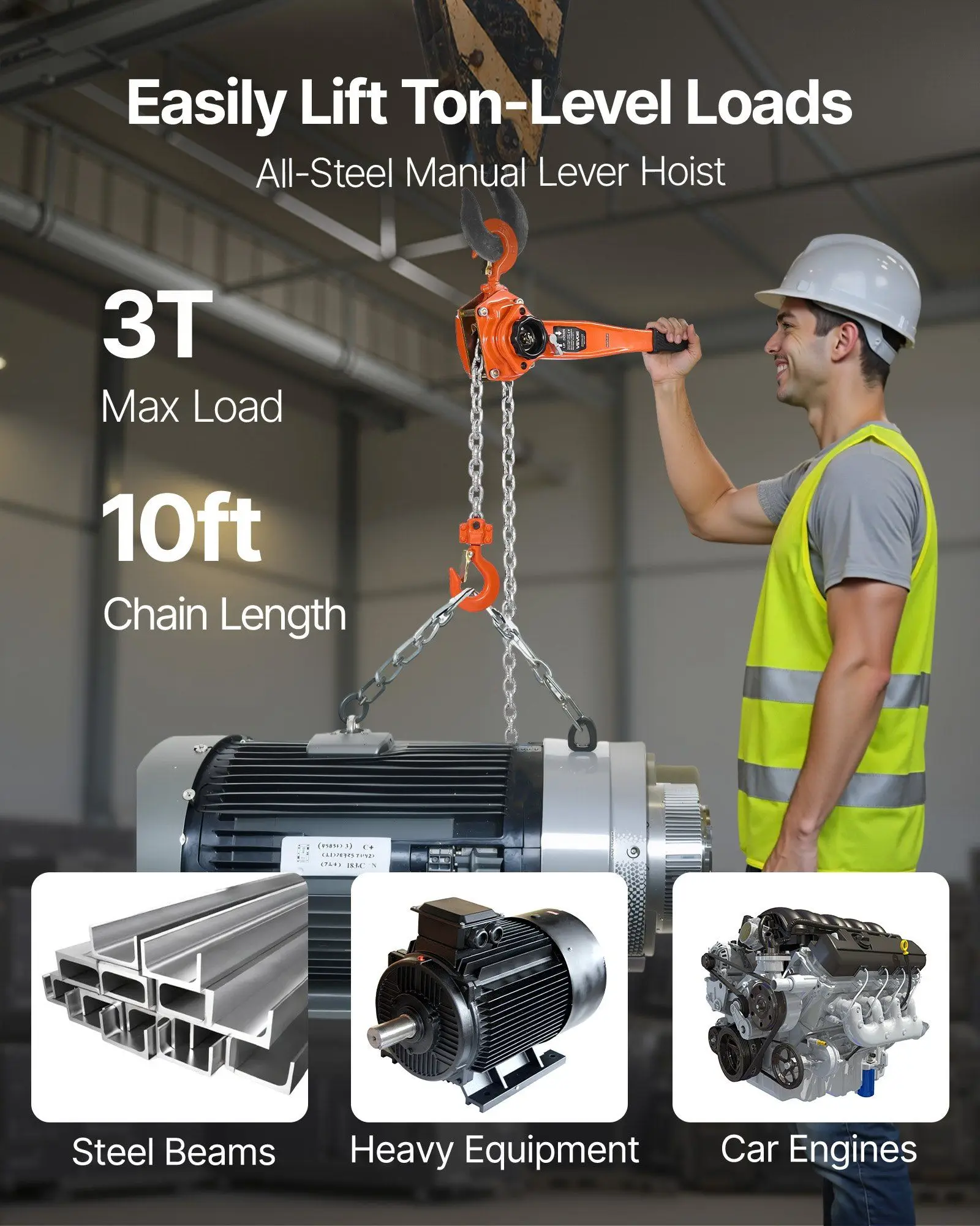 Manual Lever Chain Hoist, 3T 6600LBS Capacity Heavy Duty Come Along, 10FT Lift G80 Alloy Steel Chain With Dual Pawl Mechanical Brake,360°Rotating Hooks, for Warehouse Construction Garage
Manual Lever Chain Hoist, 3T 6600LBS Capacity Heavy Duty Come Along, 10FT Lift G80 Alloy Steel Chain With Dual Pawl Mechanical Brake,360°Rotating Hooks, for Warehouse Construction Garage