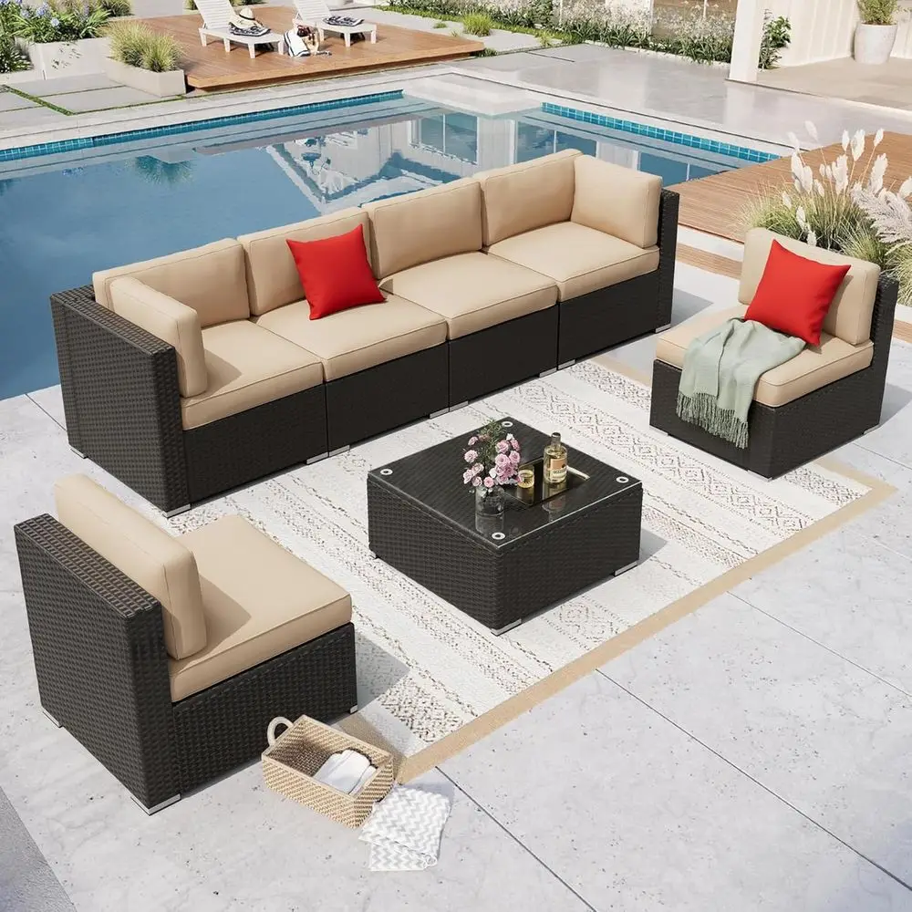 All-Weather 7-Piece Outdoor Patio Furniture Set with PE Wicker Rattan Sectional Sofa, Glass Top Table, and Removable Cushions in
All-Weather 7-Piece Outdoor Patio Furniture Set with PE Wicker Rattan Sectional Sofa, Glass Top Table, and Removable Cushions in