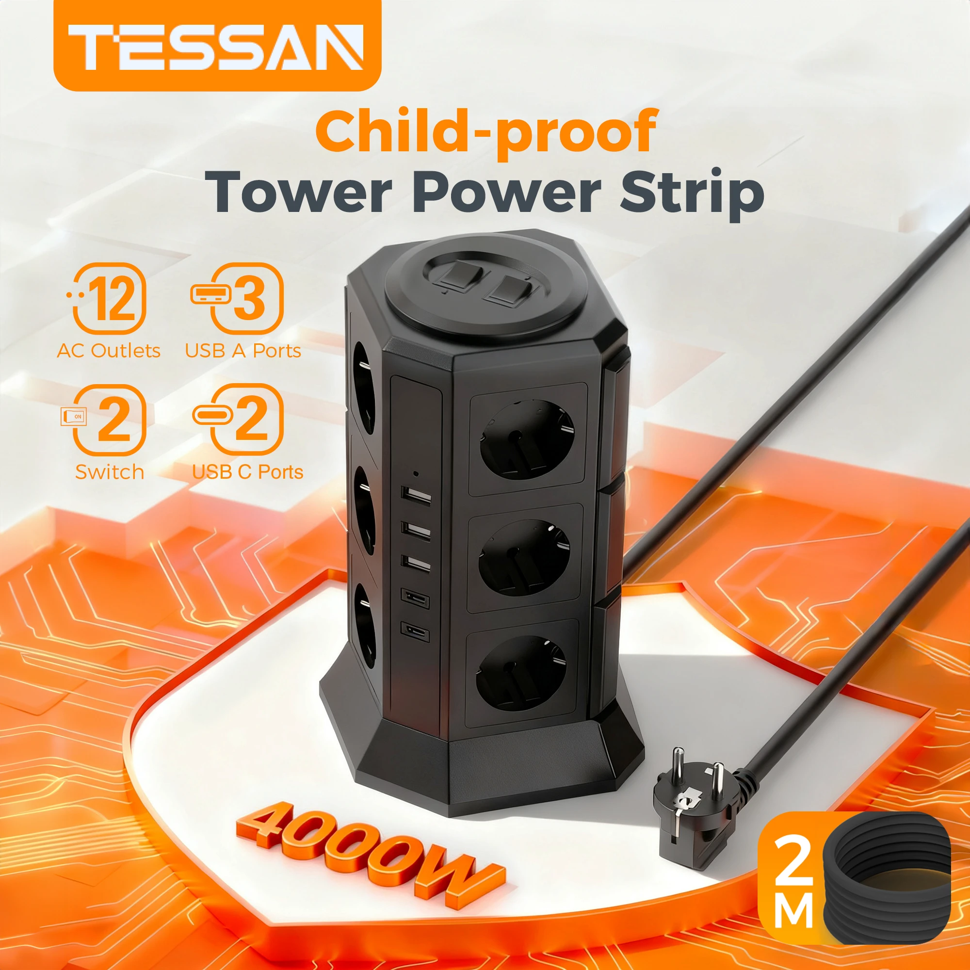 TESSAN 2M Tower Power Strip Vertical Electric Socket Multi AC Outlets with 3 USB 2 Type C EU Plug Home Power Strip with 2 Switch
TESSAN 2M Tower Power Strip Vertical Electric Socket Multi AC Outlets with 3 USB 2 Type C EU Plug Home Power Strip with 2 Switch
