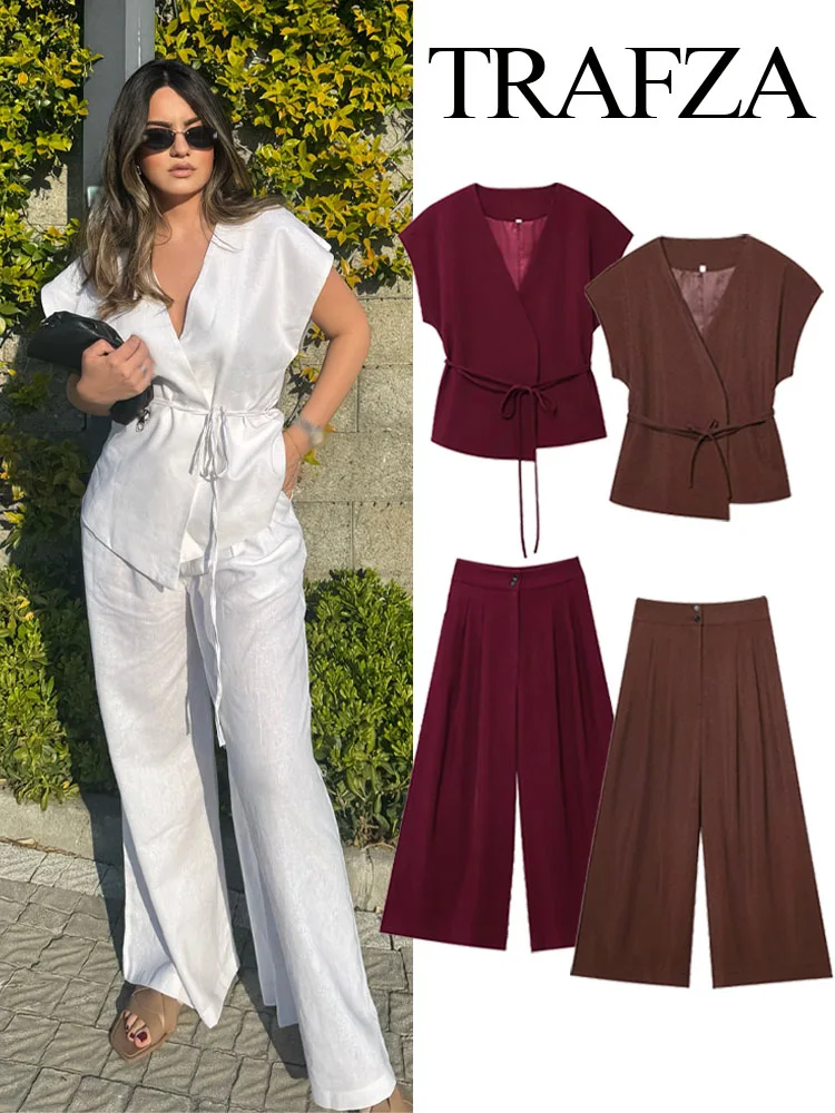 TRAFZA Summer Fashion Women Suit V-Neck Sleeveless Bow Lace-Up Decoration Vest Top+High Waist Zipper Wide-Leg Pants Female Sets
TRAFZA Summer Fashion Women Suit V-Neck Sleeveless Bow Lace-Up Decoration Vest Top+High Waist Zipper Wide-Leg Pants Female Sets