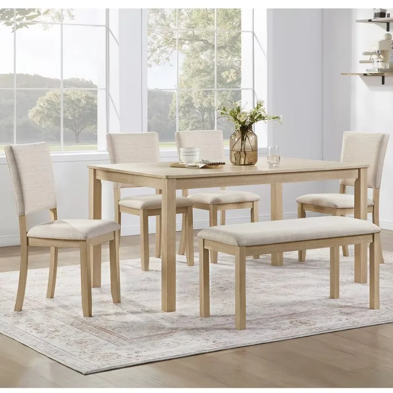 #6-Piece Modern Wooden Dining Table Set With Bench And 4 Upholstered Chairs Durable & Eco-Friendly
#6-Piece Modern Wooden Dining Table Set With Bench And 4 Upholstered Chairs Durable & Eco-Friendly