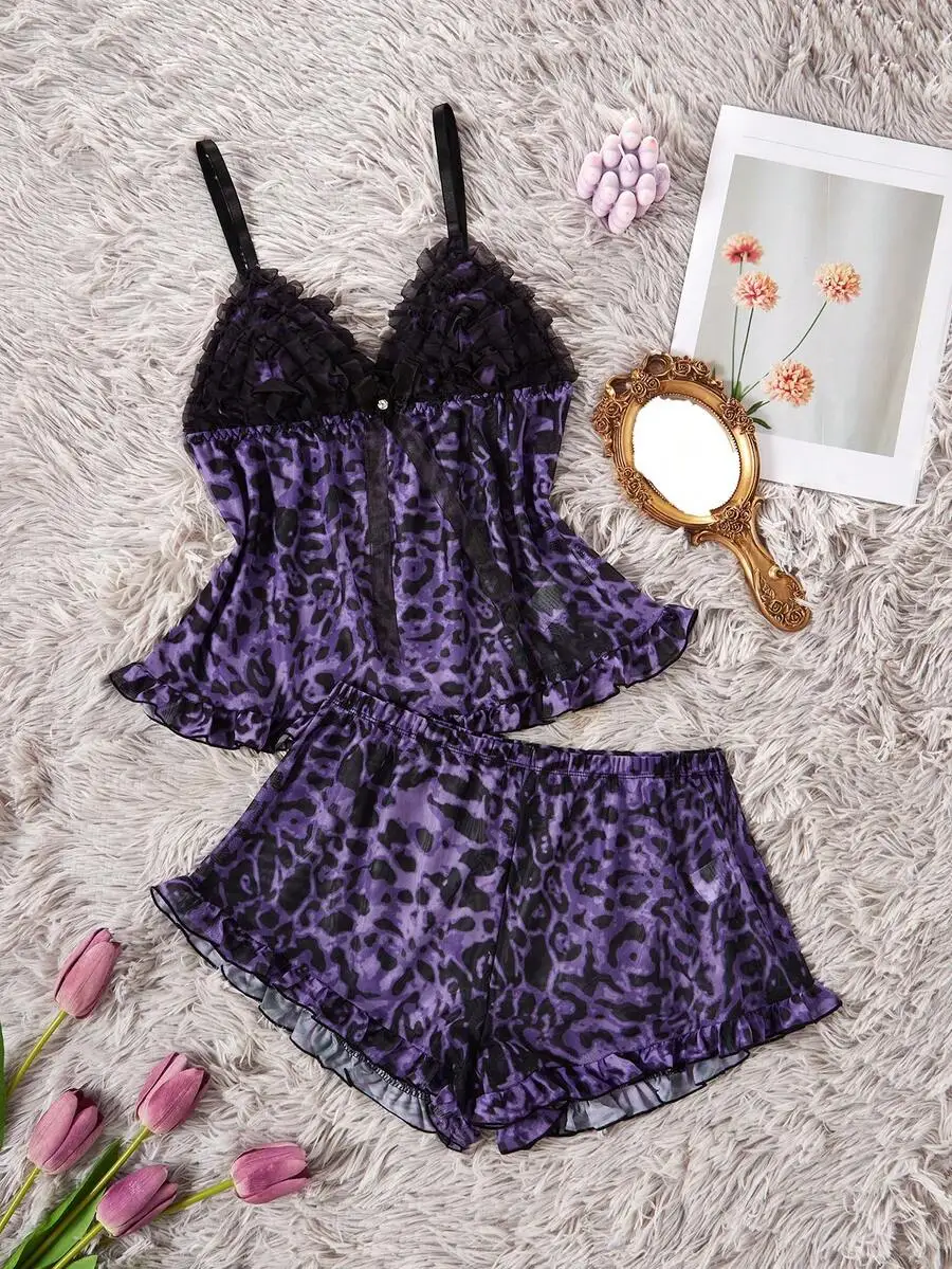 Purple Leopard Print Lace Trim Camisole Top And Shorts Sleepwear Set
Purple Leopard Print Lace Trim Camisole Top And Shorts Sleepwear Set