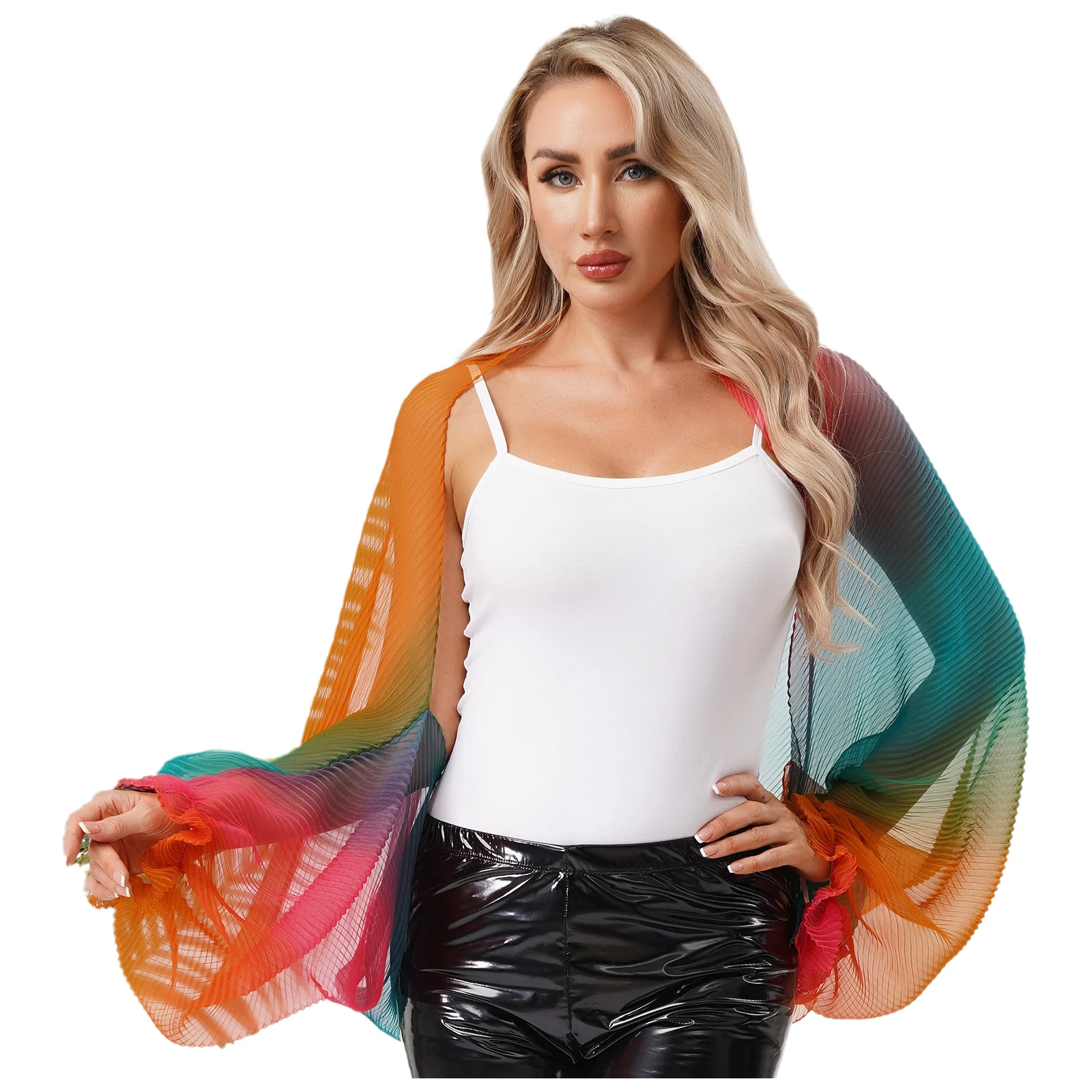 Женские градиентные шали радужного цвета с рюшами и длинными рукавами, открытый передний плиссированный кардиган, болеро, солнцезащитный шарф 
Женские градиентные шали радужного цвета с рюшами и длинными рукавами, открытый передний плиссированный кардиган, болеро, солнцезащитный шарф