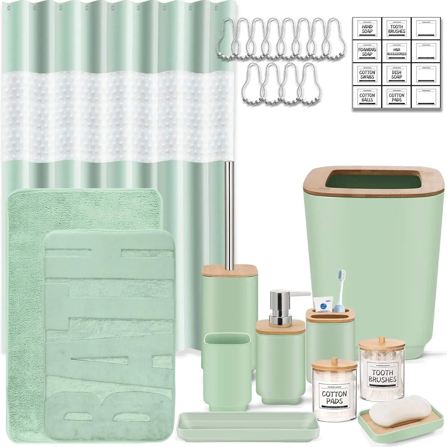 24-Piece Green Bathroom Set with Shower Curtain & Trash Can, Space-Saving Décor for Home, Dorm, Hotel
24-Piece Green Bathroom Set with Shower Curtain & Trash Can, Space-Saving Décor for Home, Dorm, Hotel