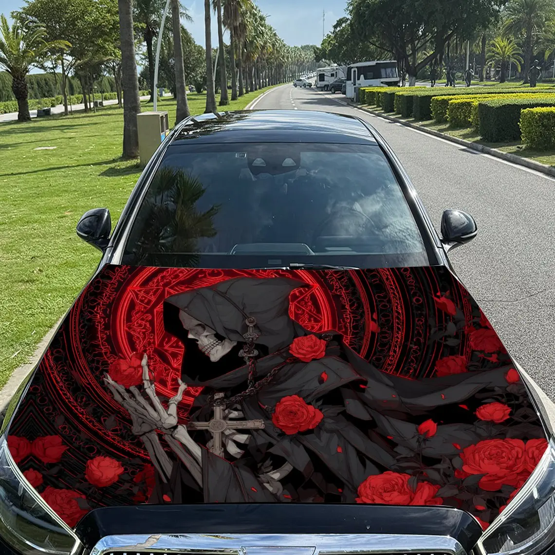 Dark Aesthetics Reaper, Skull and Red Roses Car Vinyl Wrap, PVC Material Waterproof Car Hood Sticker, Self-Adhesive Scratch-Resi
Dark Aesthetics Reaper, Skull and Red Roses Car Vinyl Wrap, PVC Material Waterproof Car Hood Sticker, Self-Adhesive Scratch-Resi