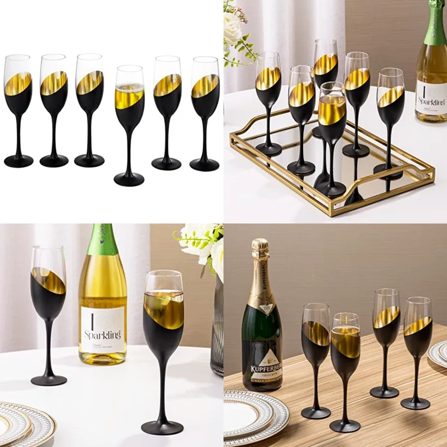 Modern Stemmed Champagne Flute Glasses Set of 6 with Matte Black and Gold Plated Design, Toasting Glass Party and Wedding Wine
Modern Stemmed Champagne Flute Glasses Set of 6 with Matte Black and Gold Plated Design, Toasting Glass Party and Wedding Wine
